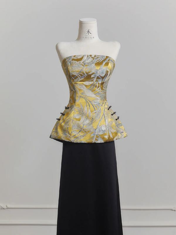 Yellow strapless satin top and black skirt suit, ball gown, wedding dress R8222