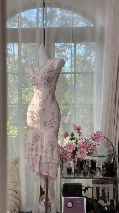 Light pink floral print halter-neck fitted bodycon long ball gown R7633
