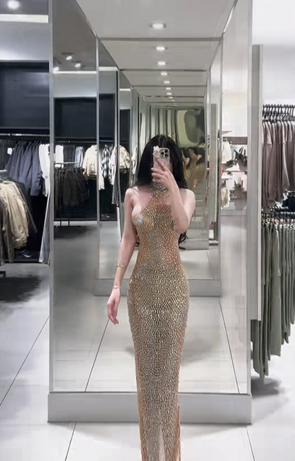 Champagne-colored halter neck, fitted waist, bodycon sexy long ball gown R7784