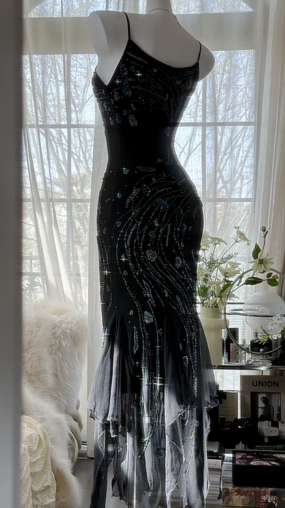 Black halter-neck fitted sexy bodycon long ball gown R7672