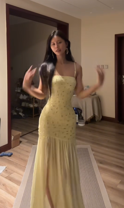 Light yellow halter-neck, fitted waist, bodycon sexy prom dress R7557