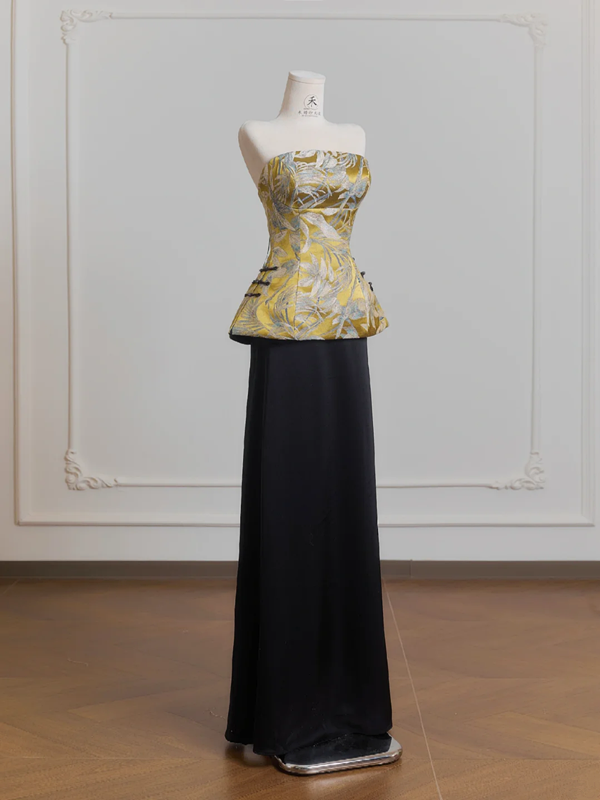 Yellow strapless satin top and black skirt suit, ball gown, wedding dress R8222
