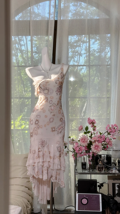 Light pink floral print halter-neck fitted bodycon long ball gown R7633
