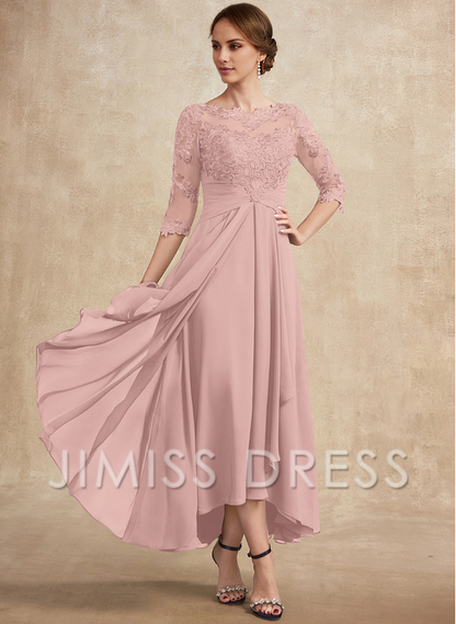 A-line hollow illusion asymmetrical lace chiffon belt with layered ruffles mother of the bride dress