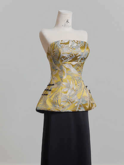 Yellow strapless satin top and black skirt suit, ball gown, wedding dress R8222