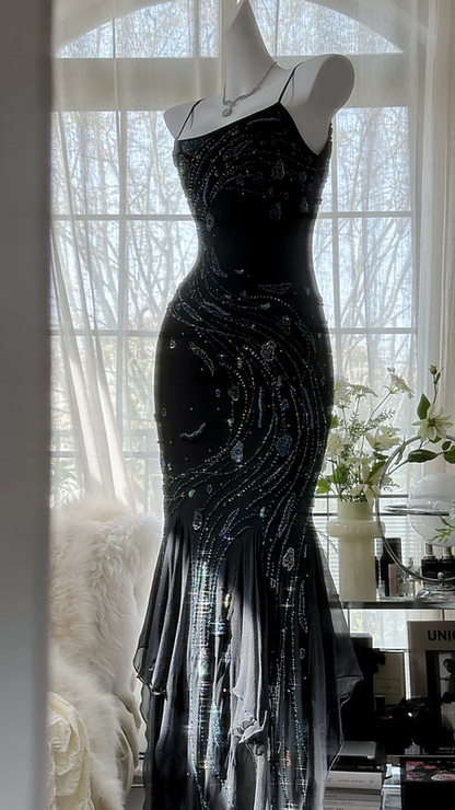 Black halter-neck fitted sexy bodycon long ball gown R7672