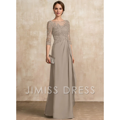 A-shaped Scoop Illusion floor mopping chiffon lace ribbon bead sequins layered ruffles mother of the bride dress