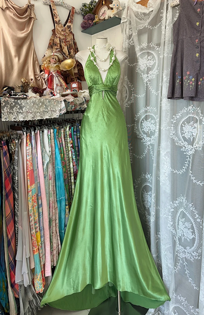 Green halterneck satin waist slim mermaid maxi ball gown R6199
