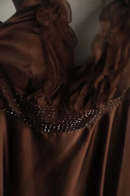 Brown halter neck fitted waist short ball gown R6797