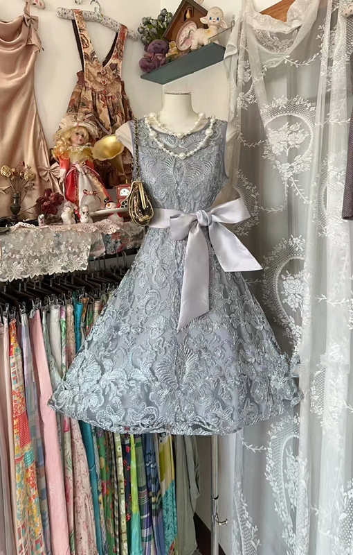 Grey sleeveless fitted waist A-line short prom dress R7517