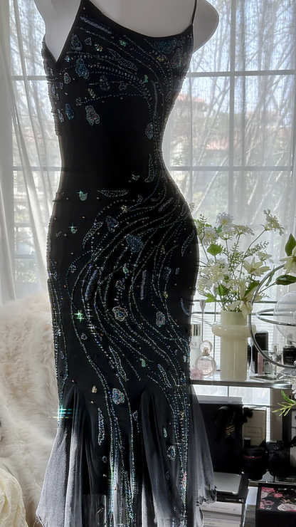 Black halter-neck fitted sexy bodycon long ball gown R7672