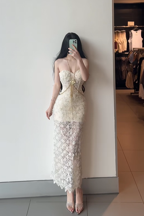 Light apricot strapless fitted waist slim lace skirt sexy long ball gown R7904