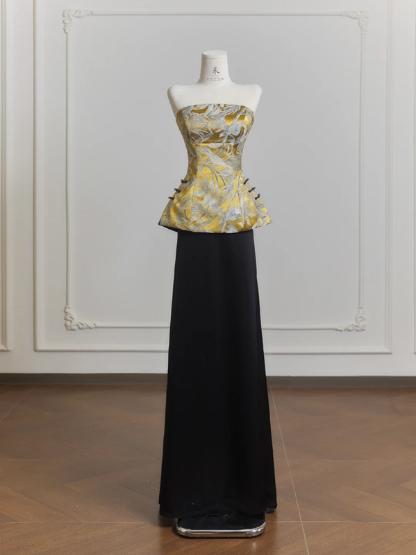 Yellow strapless satin top and black skirt suit, ball gown, wedding dress R8222