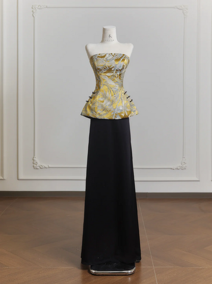 Yellow strapless satin top and black skirt suit, ball gown, wedding dress R8222