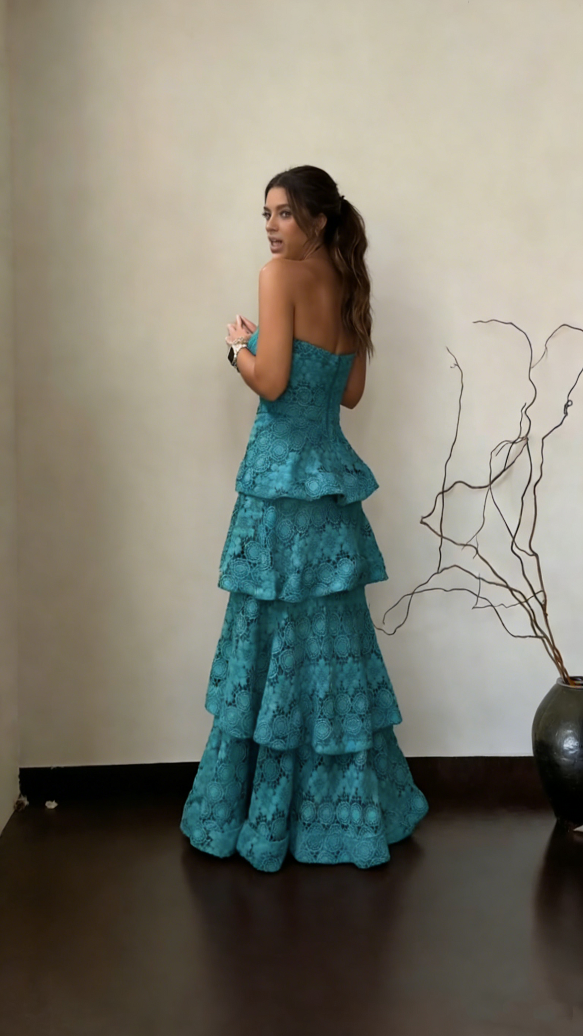 Pretty Strapless Green Lace Layered A Line Long Party Dress Birthday Prom Dress SP1559