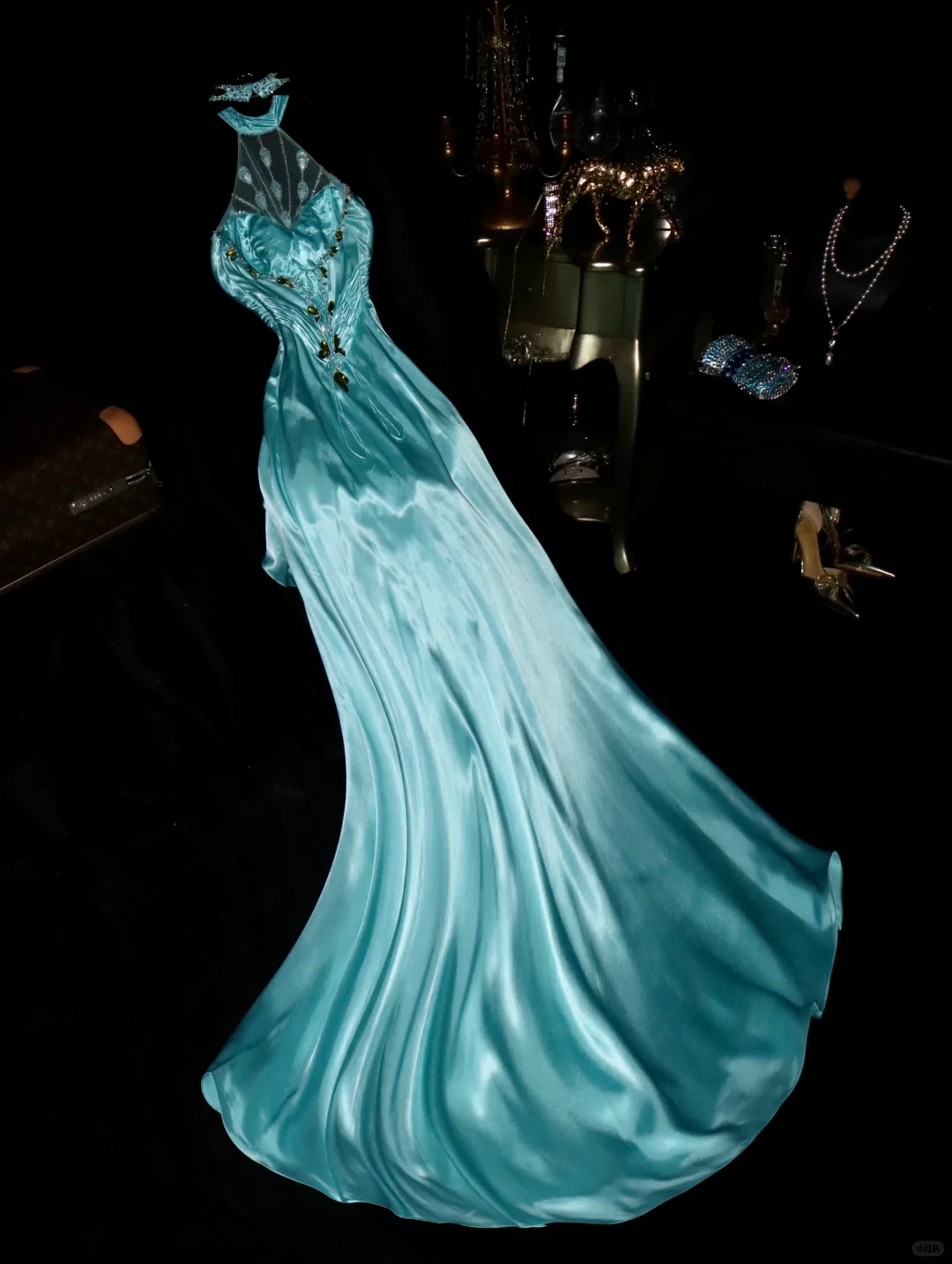 Elegant Turquoise Satin Halter Neck Rhinestone Beaded Evening Gown TP5368