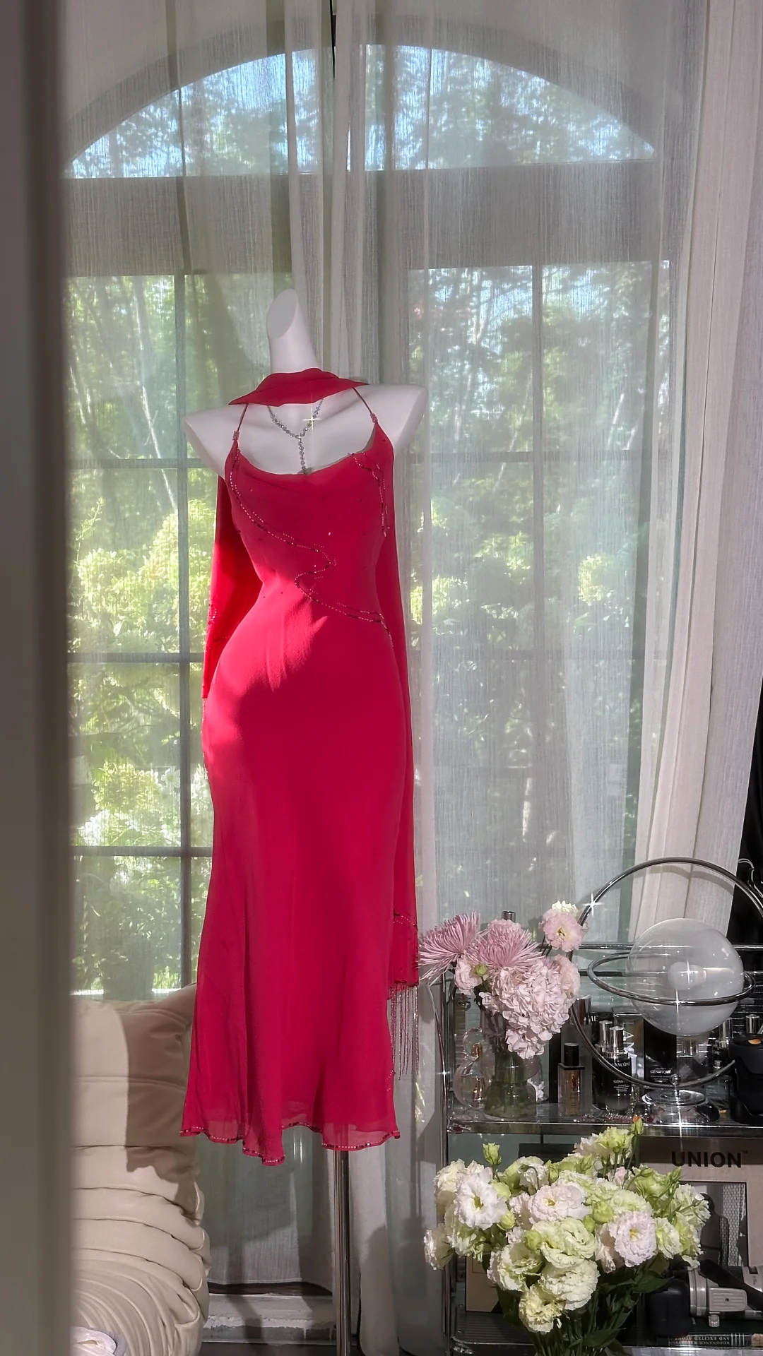 Elegant Fuchsia Cowl-Neck Midi Dress Spaghetti Strap Beaded Formal Evening Gown with Shawl TP5745