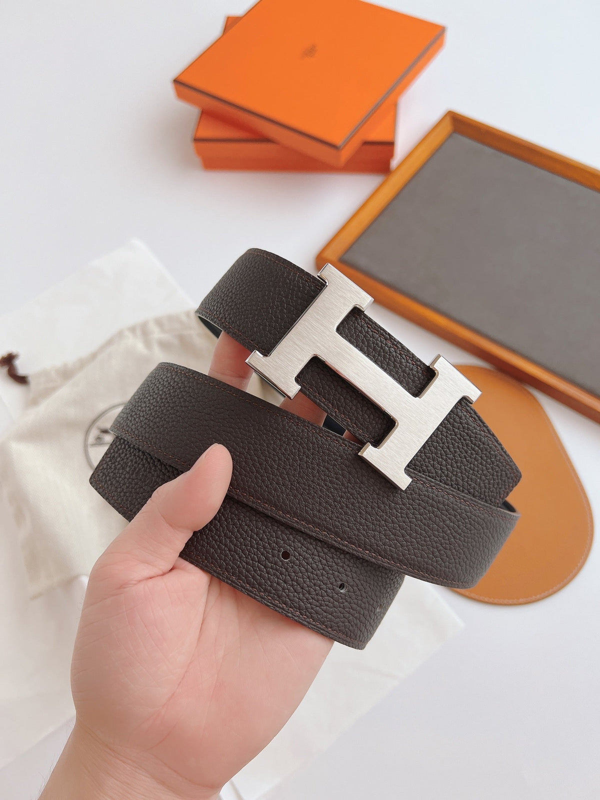 HERMES BELT TOGO SWIFT SILVER BUCKLE BROWN 38MM