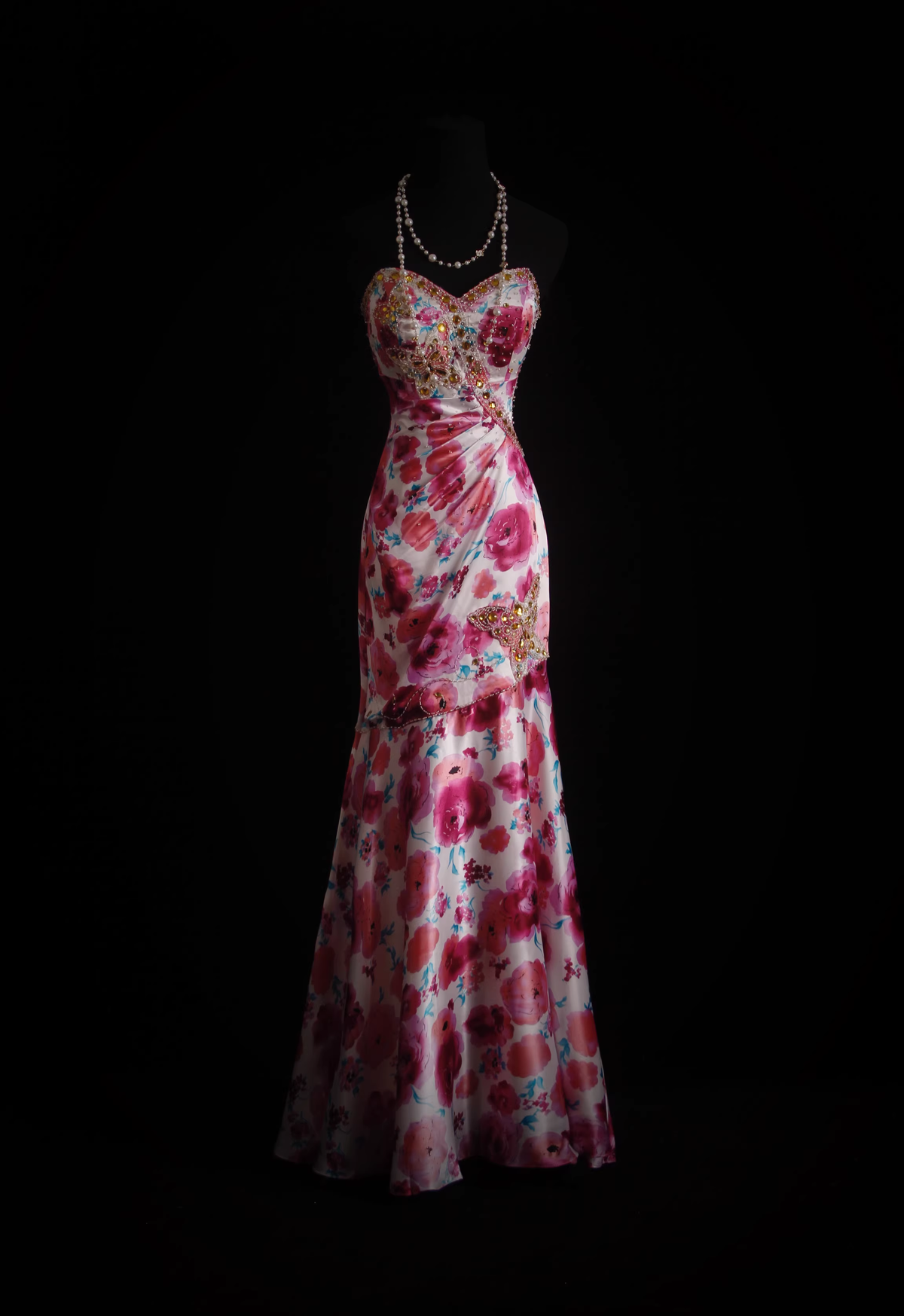 Vintage Pink Floral Beaded Sweetheart Strapless Mermaid Prom Dress TP5679