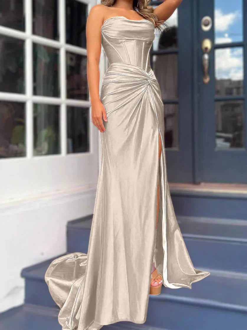 Tight fit/column without shoulder straps and ground length split prom dress