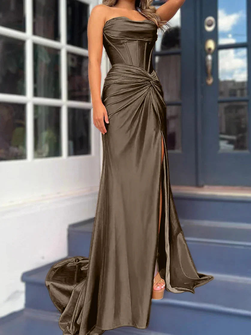 Tight fit/column without shoulder straps and ground length split prom dress
