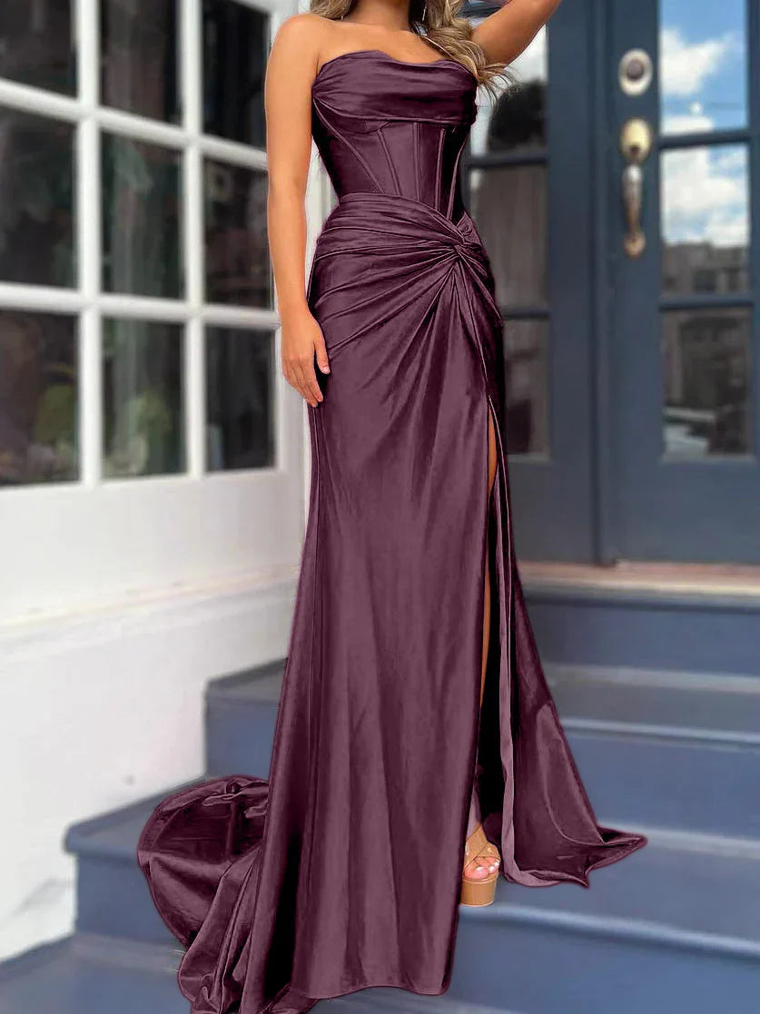 Tight fit/column without shoulder straps and ground length split prom dress