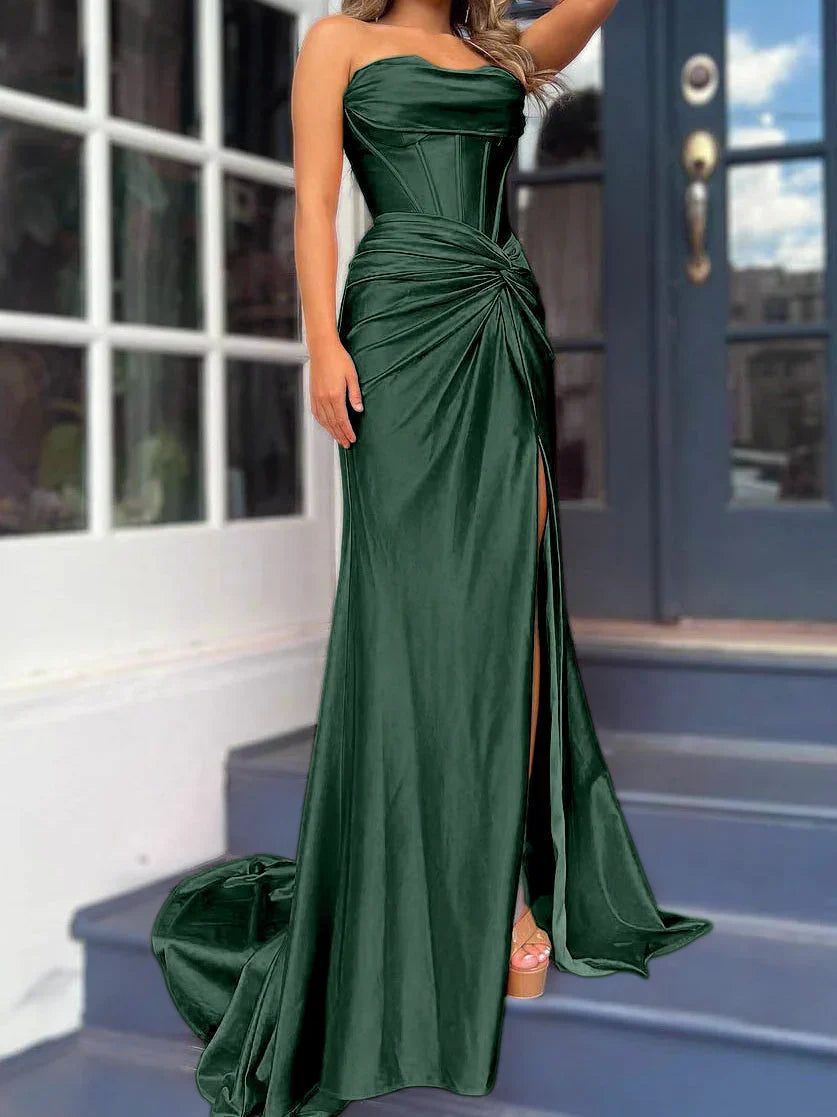 Tight fit/column without shoulder straps and ground length split prom dress