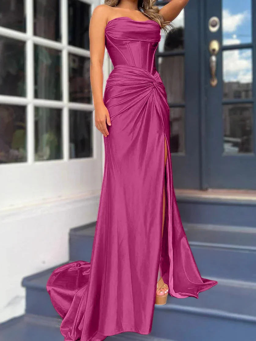 Tight fit/column without shoulder straps and ground length split prom dress