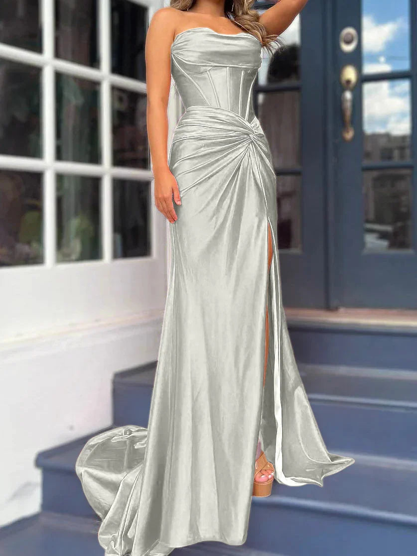 Tight fit/column without shoulder straps and ground length split prom dress