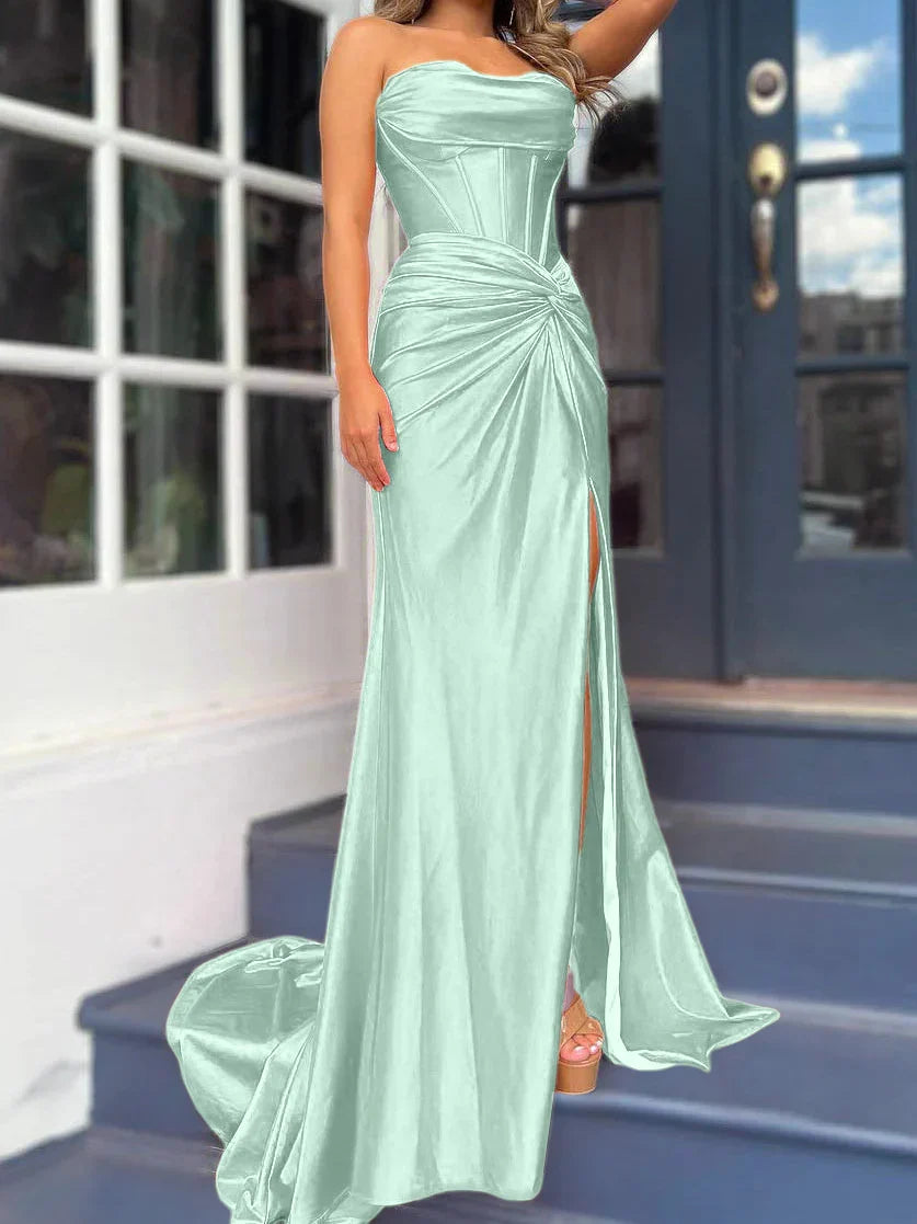 Tight fit/column without shoulder straps and ground length split prom dress