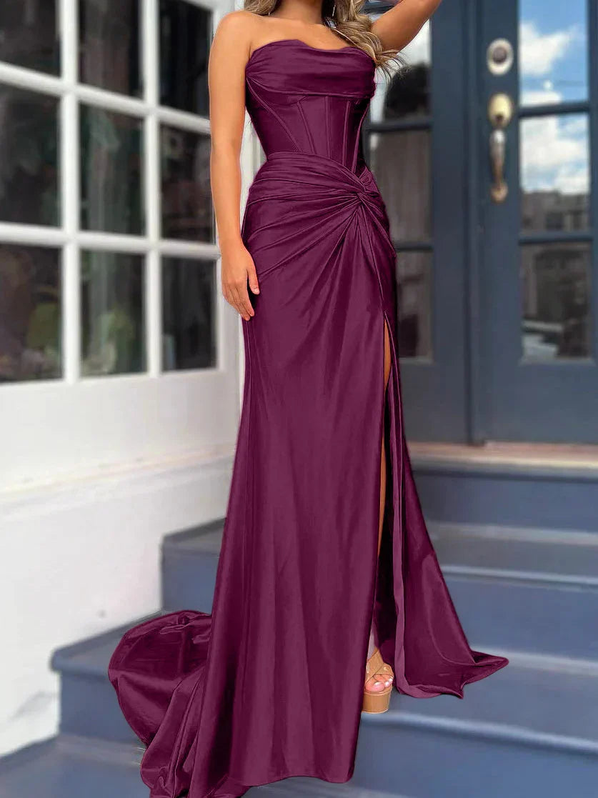 Tight fit/column without shoulder straps and ground length split prom dress