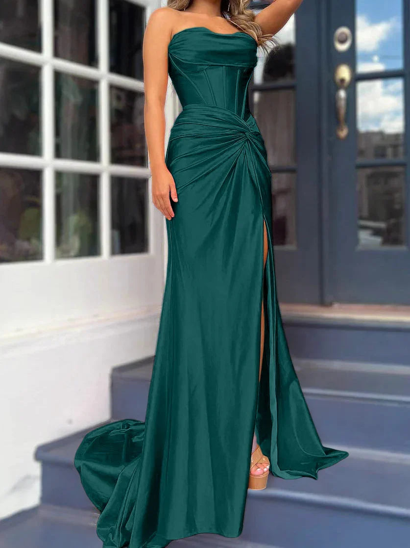 Tight fit/column without shoulder straps and ground length split prom dress