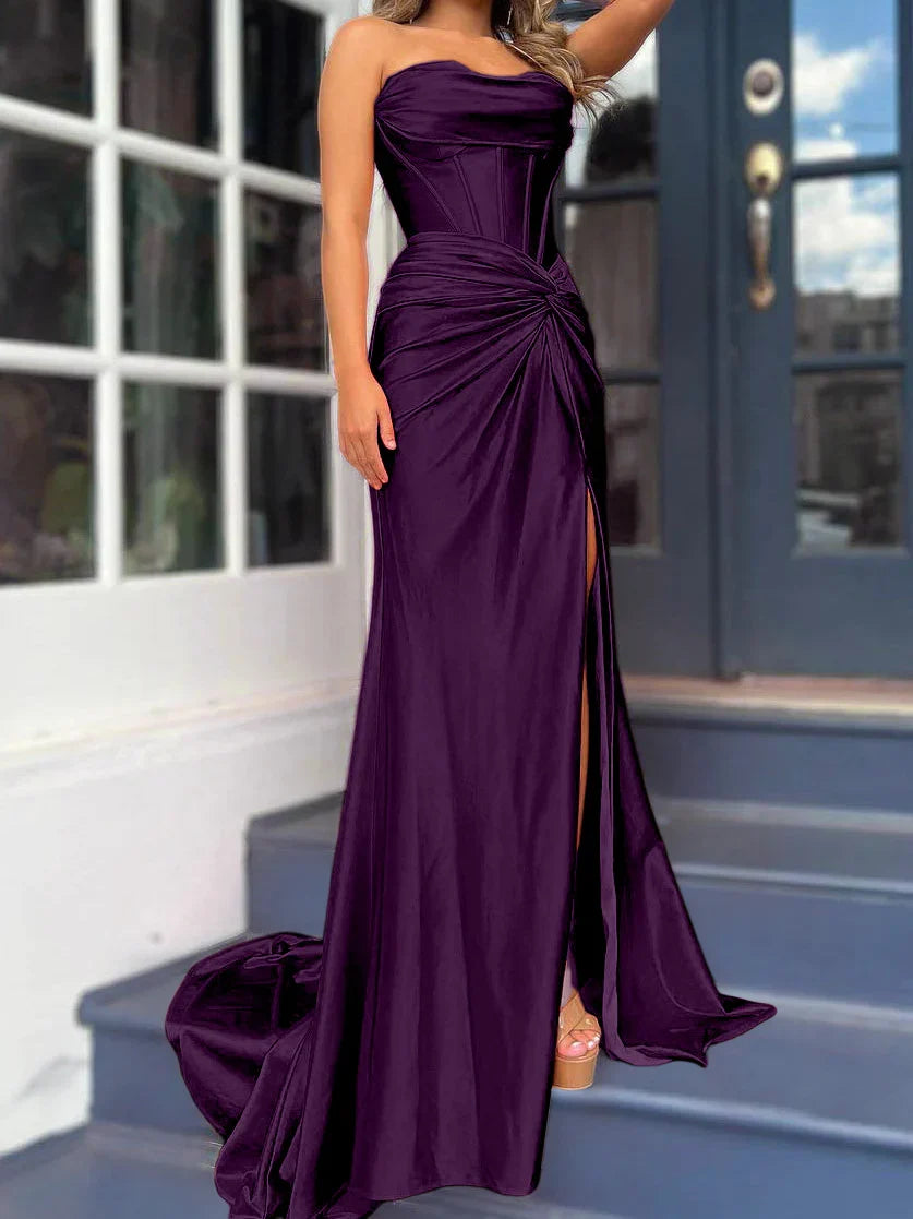 Tight fit/column without shoulder straps and ground length split prom dress