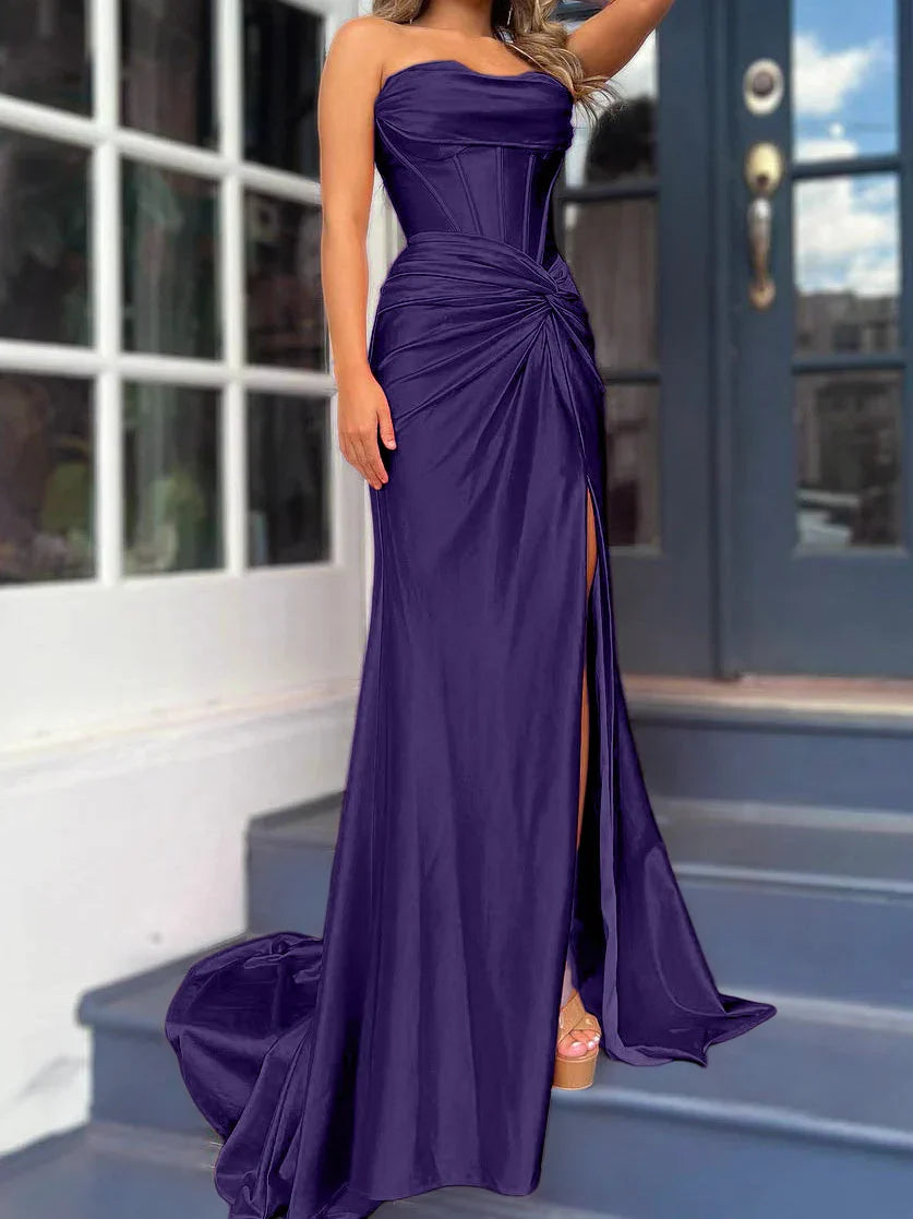 Tight fit/column without shoulder straps and ground length split prom dress