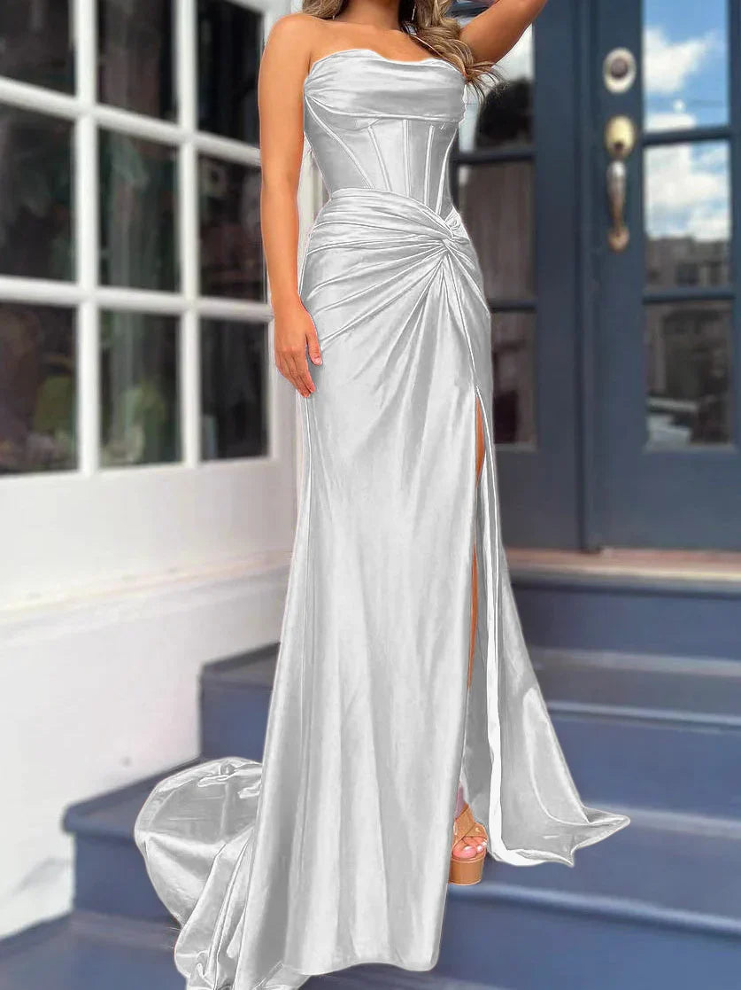 Tight fit/column without shoulder straps and ground length split prom dress