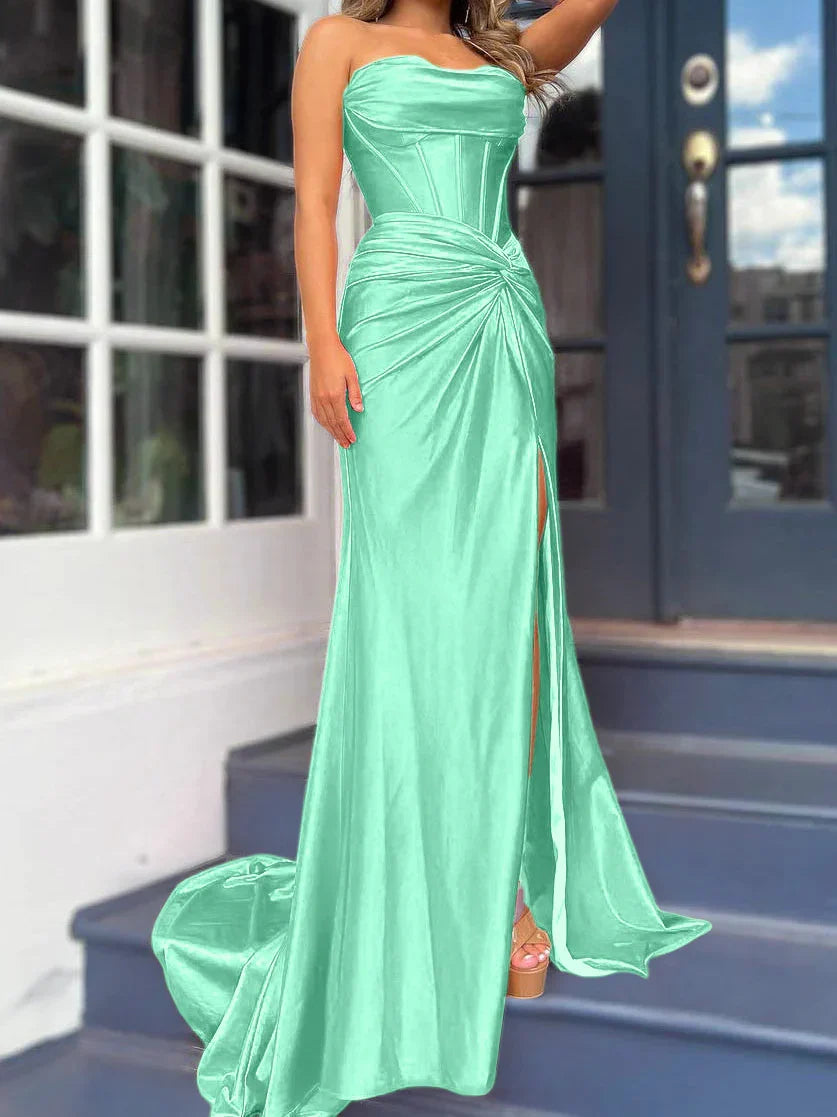 Tight fit/column without shoulder straps and ground length split prom dress