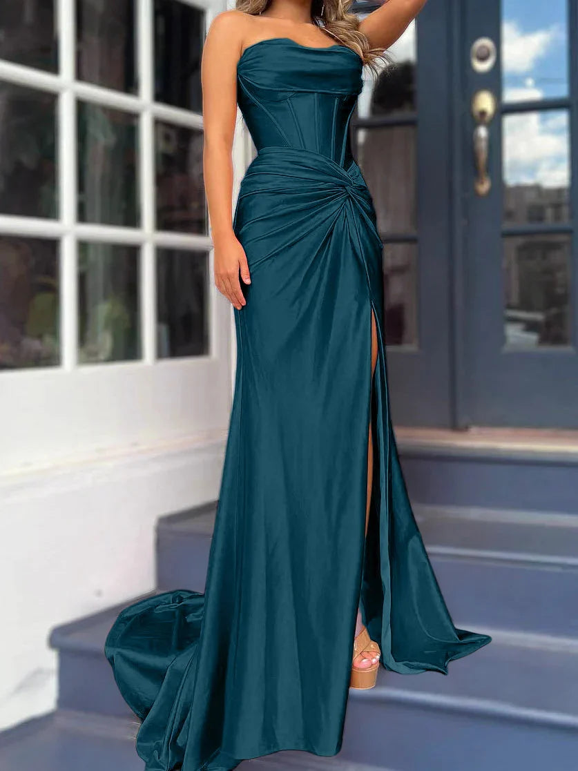 Tight fit/column without shoulder straps and ground length split prom dress