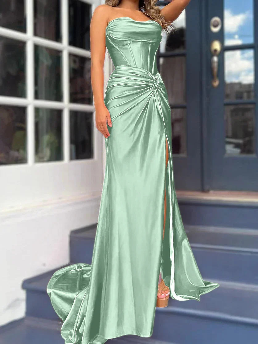 Tight fit/column without shoulder straps and ground length split prom dress