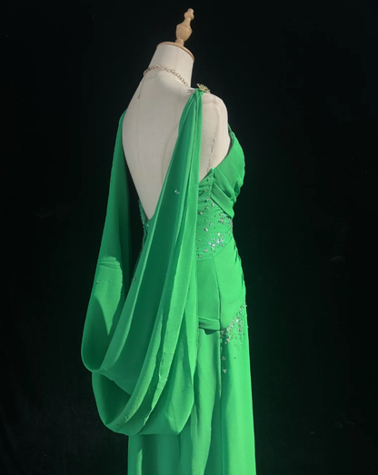 Stylish Green Satin Pleated Beaded Mermaid Long wedding Guest Dress Formal Evening Dress SP1387