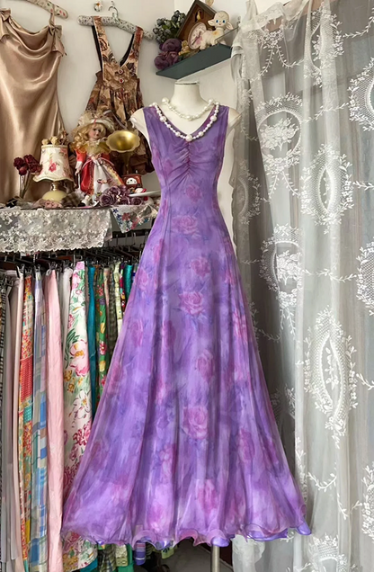 Purple sleeveless printed fitted long ball gown R7825