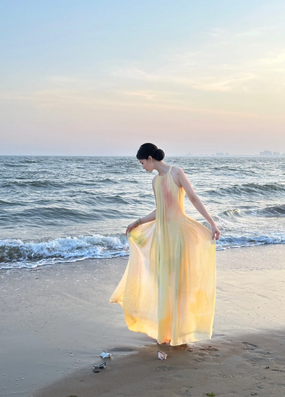 Light yellow sleeveless straight-cut long elegant prom dress R7984