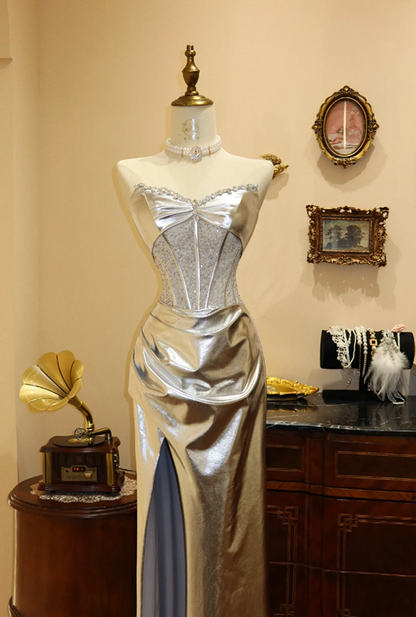 Silver strapless waist-cinching corset slim-fit slit sexy prom dress R7945
