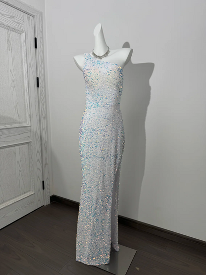 White Base Sequin One-Shoulder Waist-Cinched Sexy Long Prom & Evening Gown gh7222