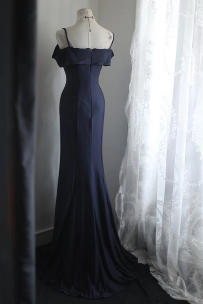 Navy blue halter-neck off-the-shoulder fitted long ball gown R6758