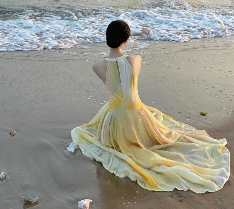 Light yellow sleeveless straight-cut long elegant prom dress R7984