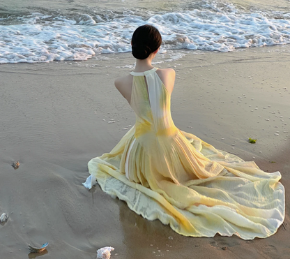 Light yellow sleeveless straight-cut long elegant prom dress R7984