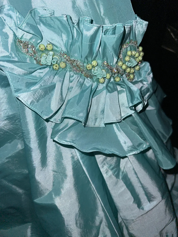 Lake blue satin strapless fitted long ball gown R6918
