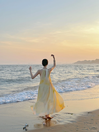 Light yellow sleeveless straight-cut long elegant prom dress R7984