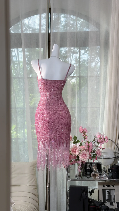 Rose pink sequined halter top, fitted waist, bodycon short ball gown R7634