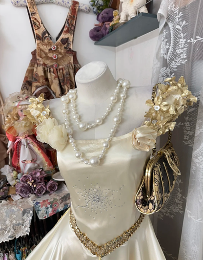 Vintage Yellow Satin Beaded Mermaid Long Party Dress 19th Birthday Outfits SP1873